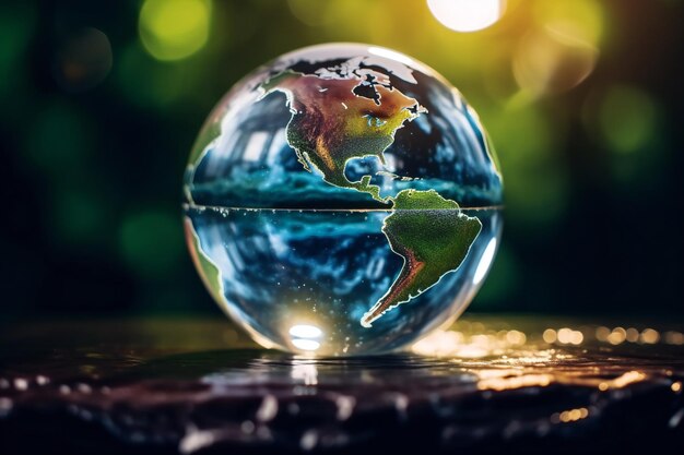 La planète Terre en cristal tombe dans l'eau La planète Terre dans une boule de verre sur un fond d'eau