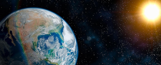 Planète Terre dans le ciel étoilé du système solaire dans l'espace. Terre dans l'espace. Planète bleue pour papier peint. Planète verte ou Globe sur galaxie. Éléments de cette image fournis par la NASA