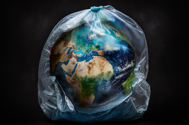 Photo la planète terre dans un sac en plastique concept environnemental générer ai