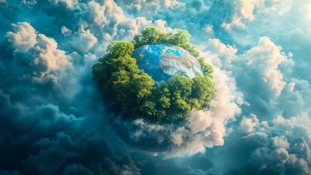 Photo une planète terre détaillée avec des arbres des rochers et de l'eau bleue sur elle entourée de nuages