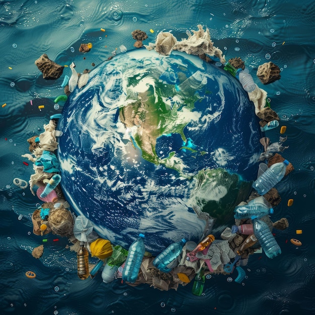 La planète Terre entourée de déchets plastiques Concept de la Journée mondiale de l'environnement Concept de la journée de la Terre mère