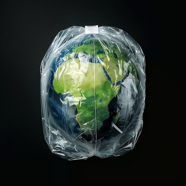 La planète Terre enveloppée dans un sac en plastique Jour de la Terre ai généré une illustration isolée sur noir