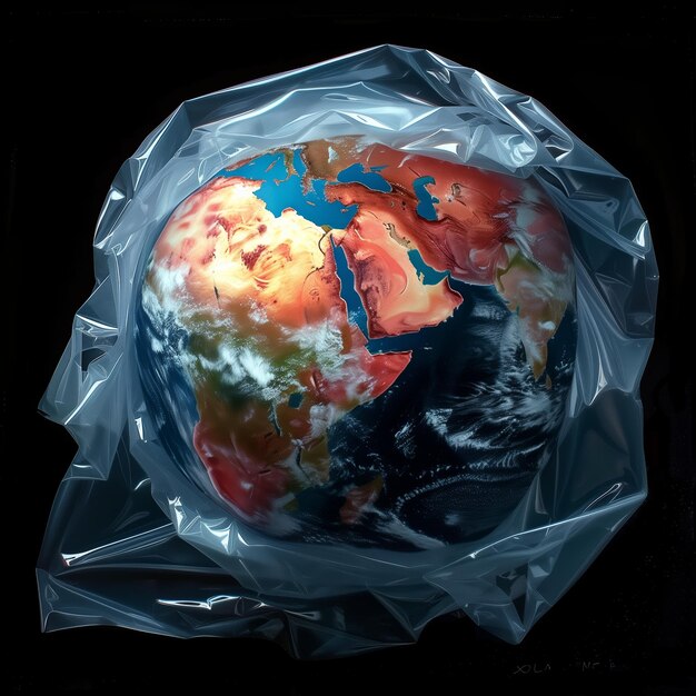 La planète Terre enveloppée dans un sac en plastique Jour de la Terre ai généré une illustration isolée sur noir