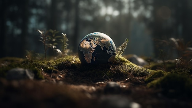 Une planète terre est assise sur le sol dans une forêt.