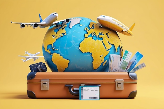 Planète Terre avec des geotags valises avion et billets d'avion sur un fond jaune le concept de voyage en avion voyage d'affaires voyage de vacances rendu 3D