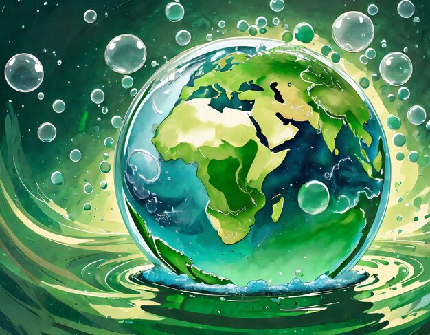 Photo planète terre sous la forme d'un globe dans de l'eau verte transparente et des bulles de savon