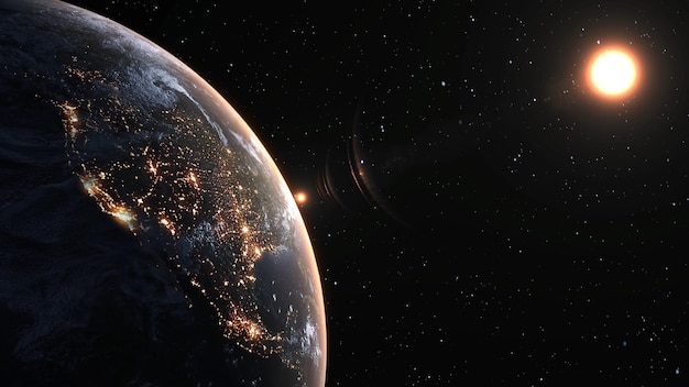 Planète terre avec surface géographique réaliste et atmosphère nuageuse 3D orbitale