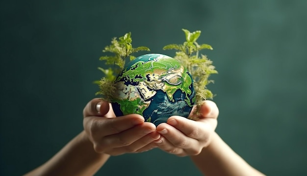 Planète verte sur les mains avec des feuilles d'arbres pour la journée mondiale de l'environnement, la journée de la Terre et l'écologie