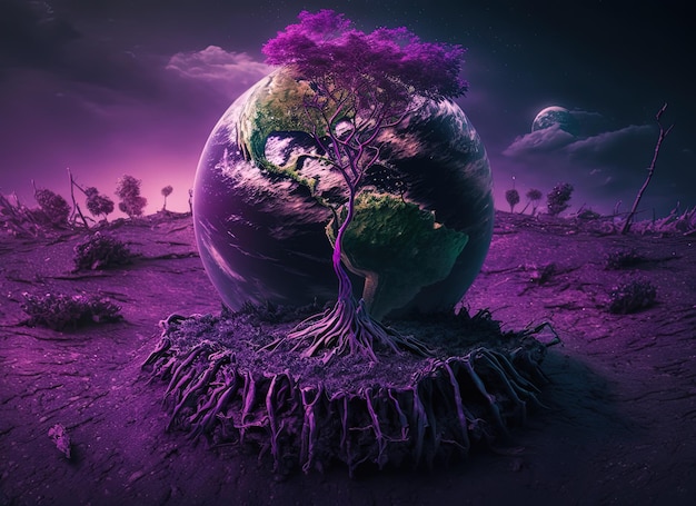 Une planète violette avec un arbre dessus