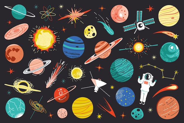 Planètes dans l'espace collection de griffons d'étoiles et d'icônes de navettes objets cosmiques vecteur d'ensemble