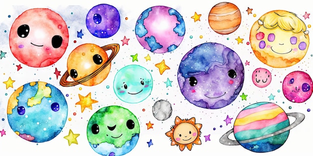 Planètes et étoiles aquarelles fantaisistes sur fond blanc