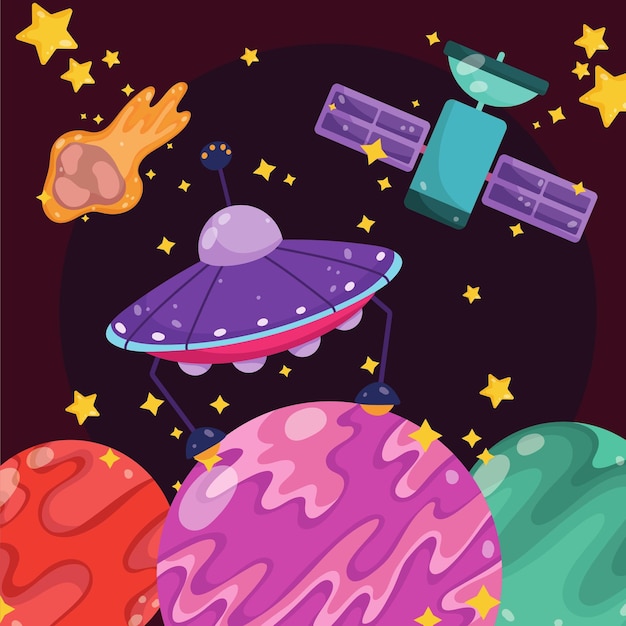 Planètes satellites spatiaux Ufo Astéroïde et étoiles Galaxie illustration de dessin animé