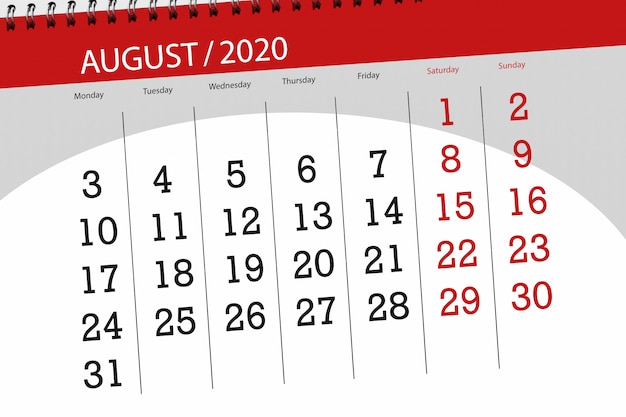 Planificateur de calendrier pour le mois d'août 2020, jour limite