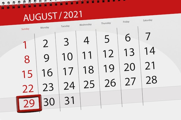 Planificateur de calendrier pour le mois d'août 2021, jour de la date limite, 29, dimanche.