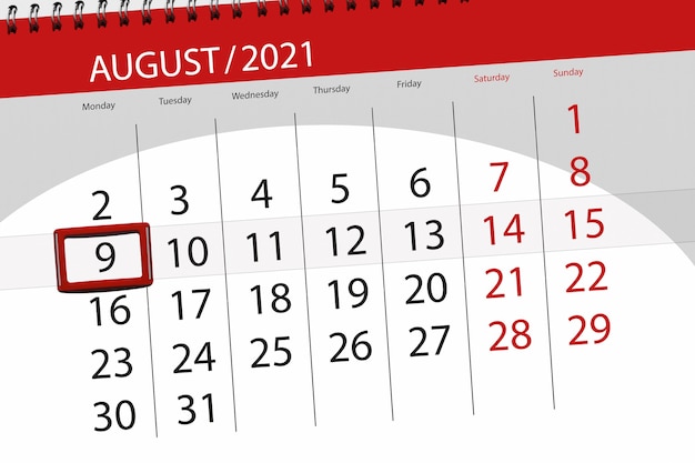 Planificateur de calendrier pour le mois d'août 2021, jour de la date limite, 9, lundi.