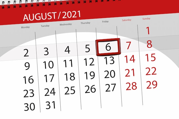 Planificateur de calendrier pour le mois d'août 2021, jour limite, 6, vendredi.