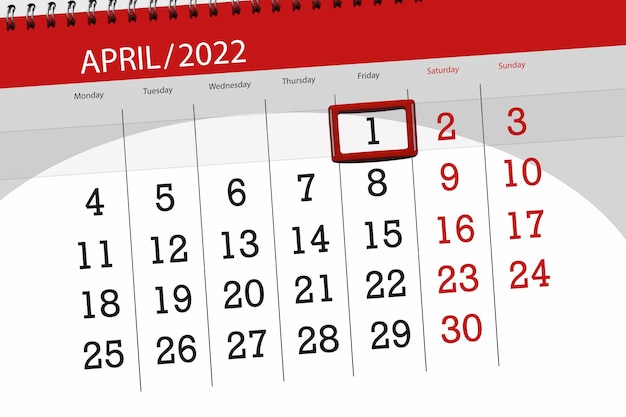 Planificateur de calendrier pour le mois d'avril 2022 date limite jour 1 vendredi