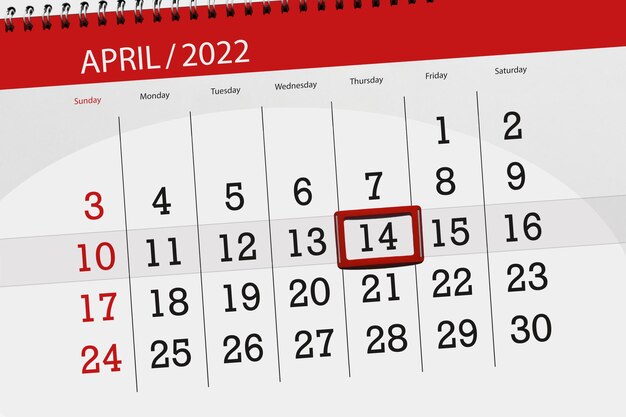 Planificateur de calendrier pour le mois d'avril 2022 date limite jour 14 jeudi