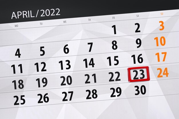 Planificateur de calendrier pour le mois d'avril 2022 date limite jour 23 samedi