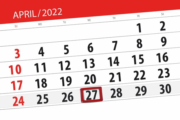 Planificateur de calendrier pour le mois d'avril 2022 date limite jour 27 mercredi