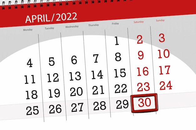 Planificateur de calendrier pour le mois d'avril 2022 date limite jour 30 samedi