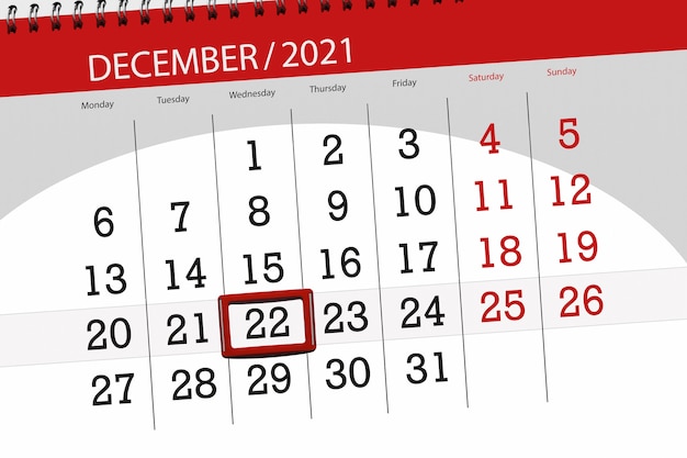 Planificateur de calendrier pour le mois de décembre 2021, date limite, 22, mercredi.