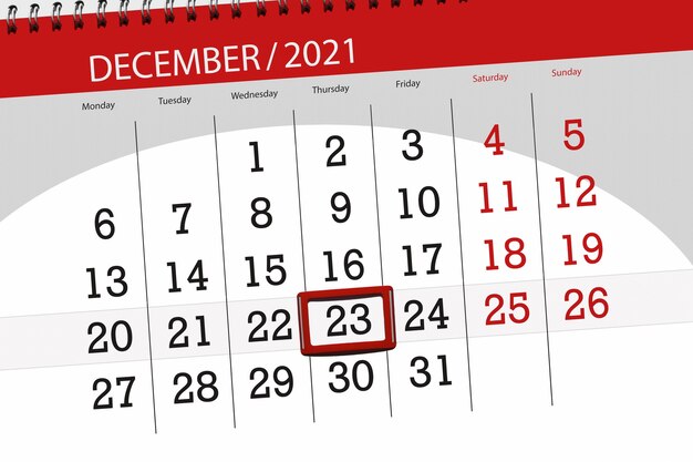 Planificateur de calendrier pour le mois de décembre 2021, date limite, 23, jeudi.