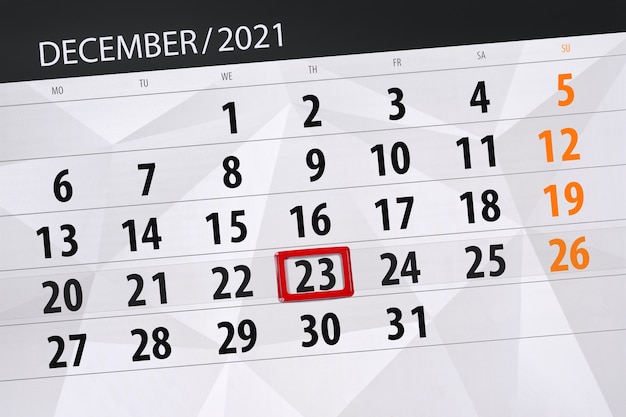 Planificateur de calendrier pour le mois de décembre 2021, date limite, 23, jeudi.