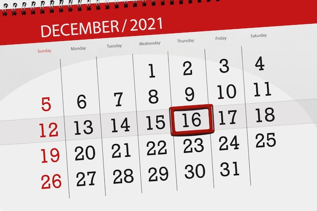 Planificateur de calendrier pour le mois de décembre 2021, jour limite, 16, jeudi.