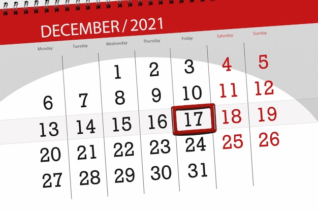 Planificateur de calendrier pour le mois de décembre 2021, jour limite, 17, vendredi.