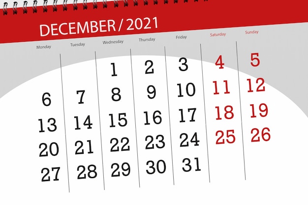 Planificateur de calendrier pour le mois de décembre 2021, jour limite.