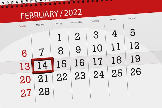 Planificateur de calendrier pour le mois de février 2022, jour limite, 14, lundi.