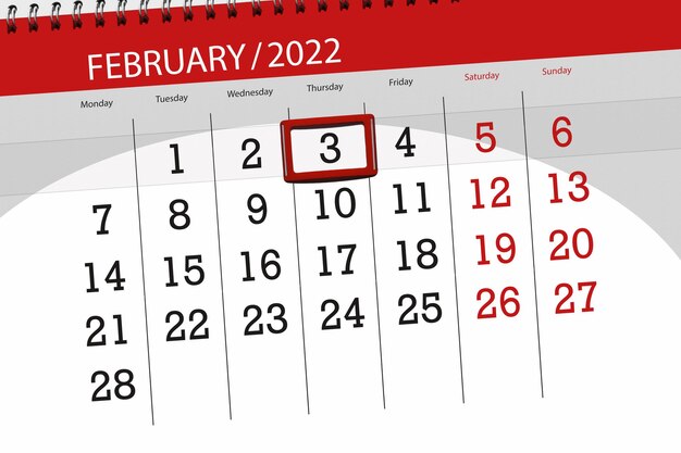 Planificateur de calendrier pour le mois de février 2022, jour limite, 3, jeudi.