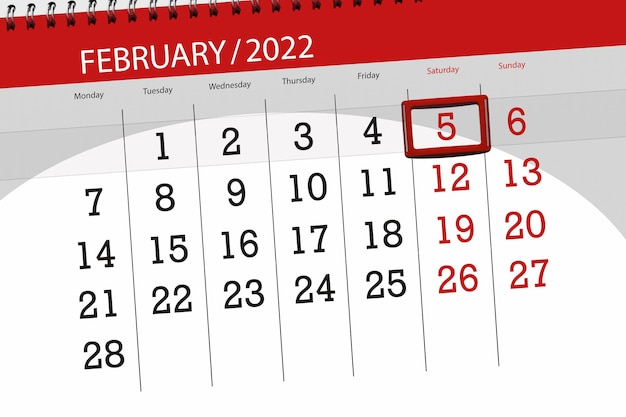 Planificateur de calendrier pour le mois de février 2022, jour limite, 5, samedi.