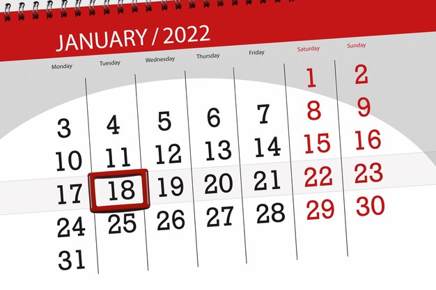 Planificateur de calendrier pour le mois de janvier 2022, jour limite, 18, mardi.