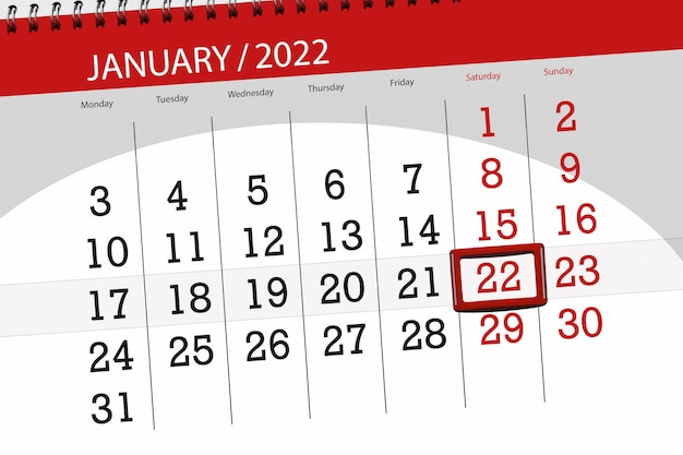 Planificateur de calendrier pour le mois de janvier 2022, jour limite, 22, samedi.