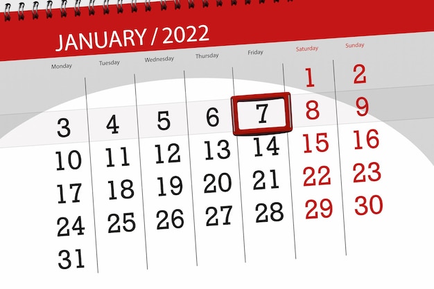 Planificateur de calendrier pour le mois de janvier 2022, jour limite, 7 vendredi.