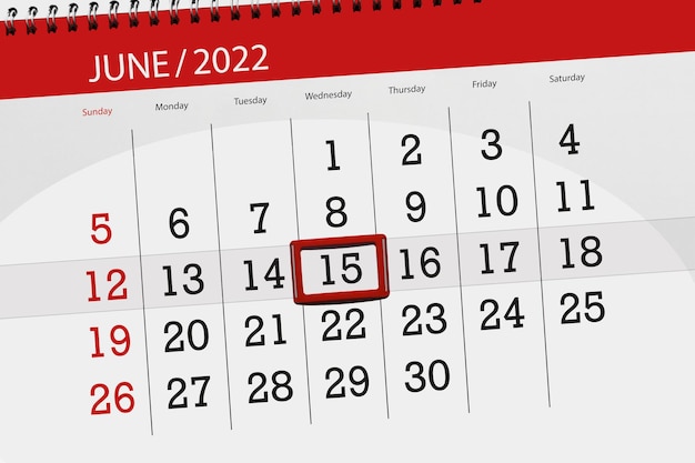 Planificateur de calendrier pour le mois de juin 2022 date limite jour 15 mercredi
