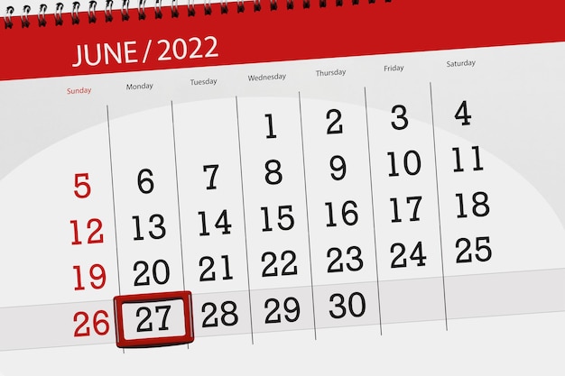 Planificateur de calendrier pour le mois de juin 2022 date limite jour 27 lundi