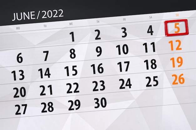 Planificateur de calendrier pour le mois de juin 2022 date limite jour 5 dimanche