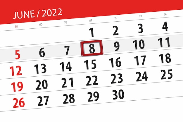 Planificateur de calendrier pour le mois de juin 2022 date limite jour 8 mercredi