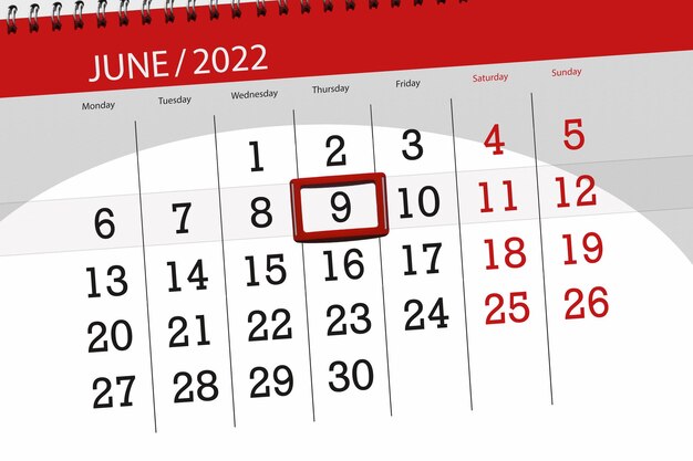 Planificateur de calendrier pour le mois de juin 2022 date limite jour 9 jeudi