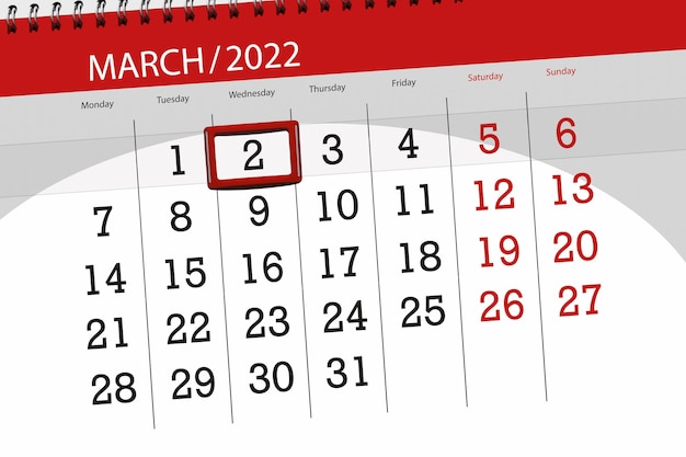 Planificateur de calendrier pour le mois de mars 2022, date limite, 2, mercredi.