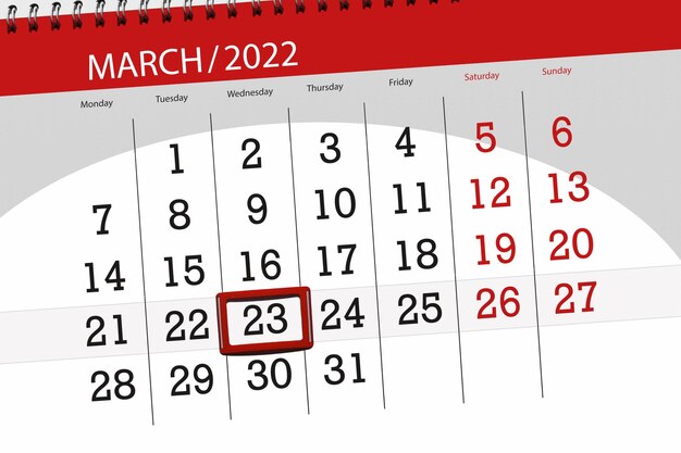 Planificateur de calendrier pour le mois de mars 2022, date limite, 23, mercredi.