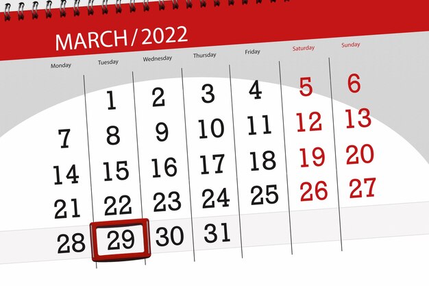 Planificateur de calendrier pour le mois de mars 2022, date limite, 29, mardi.