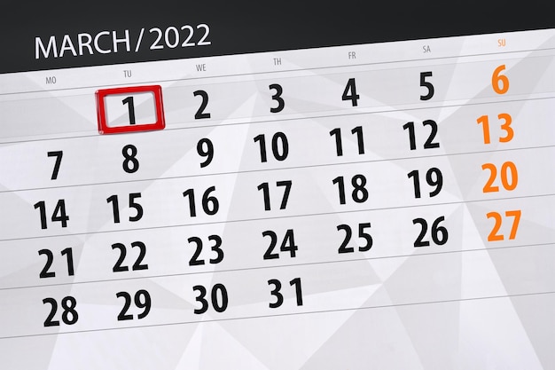 Planificateur de calendrier pour le mois de mars 2022 date limite jour 1 mardi