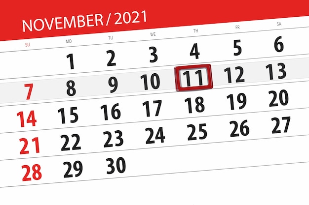 Planificateur de calendrier pour le mois de novembre 2021, jour de la date limite, 11 jeudi.