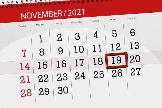 Planificateur de calendrier pour le mois de novembre 2021, jour de la date limite, 19, vendredi.