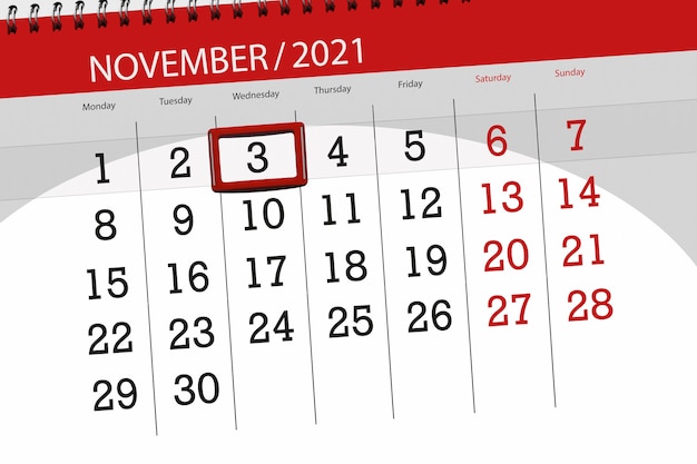 Planificateur de calendrier pour le mois de novembre 2021, jour limite, 3, mercredi.