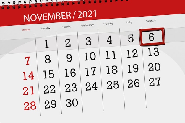 Planificateur de calendrier pour le mois de novembre 2021, jour limite, 6, samedi.